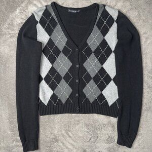 Brandy Melville Argyle Cardigan Black Grey V-Neck Knit Elizabeth Sweater Preppy